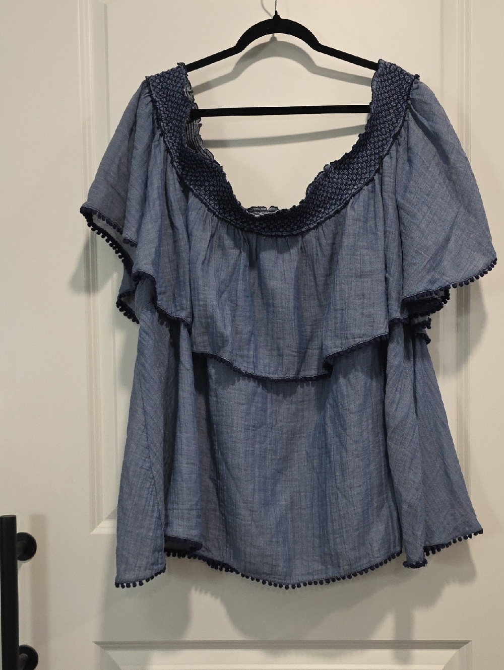 Lane Bryant Chambray Blue Off-Shoulder Ruffle Blouse